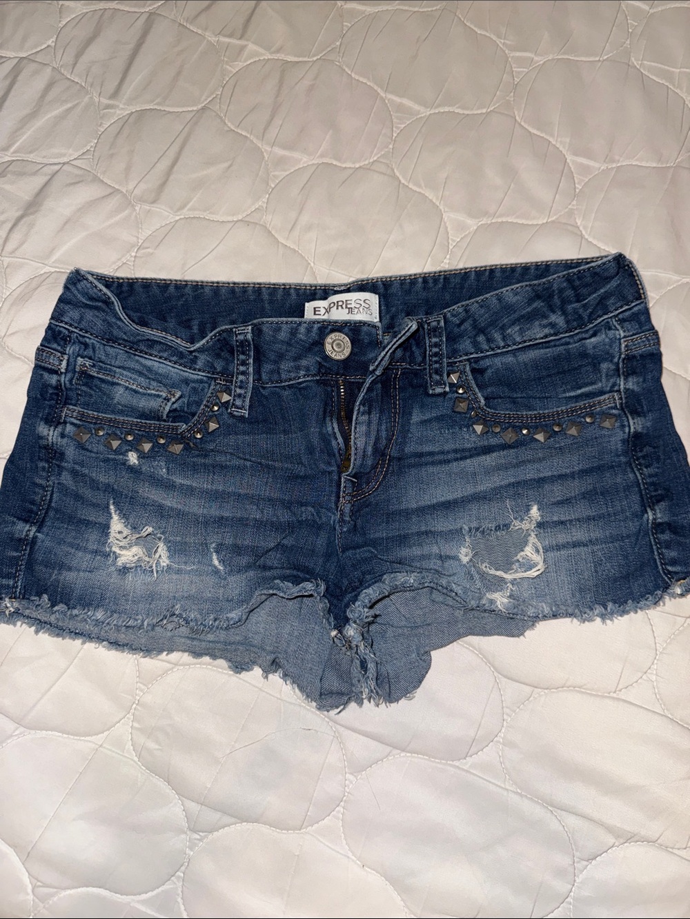 Express Dark Blue Distressed Studded Denim Shorts
